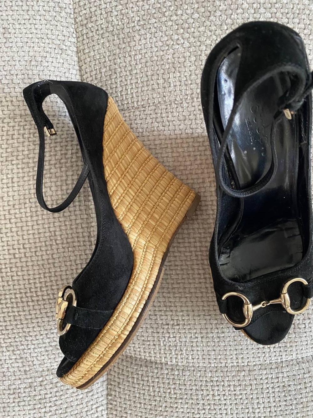 Gucci Black Suede Horsebit Wedge Espadrille Platform Sandals - Picture 5 of 16